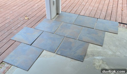 Outdoor Tile Perfection: Leveling and Dry Fitting 13 Dry fitting tiles on the sunroom floor to plan the pattern