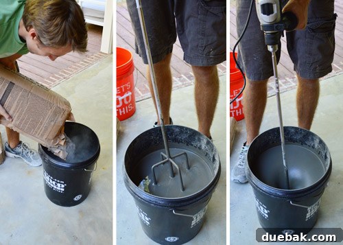 Outdoor Tile Perfection: Leveling and Dry Fitting 8 Mixing self-leveling concrete with a paddle mixer