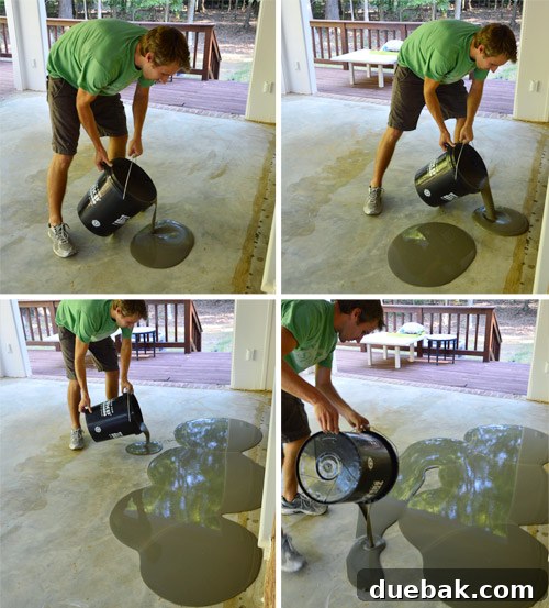 Outdoor Tile Perfection: Leveling and Dry Fitting 9 Self-leveling concrete being spread and smoothed across the floor