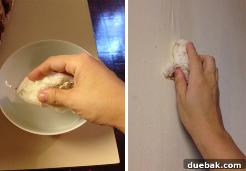 Remove Wallpaper with Soap and Water 15 A paper towel soaked in Dr. Bronner's solution being dabbed onto stubborn wallpaper backing.