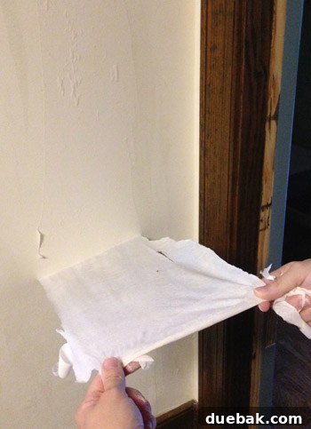Remove Wallpaper with Soap and Water 16 Large piece of wallpaper backing cleanly removed from the wall using the new dab method.
