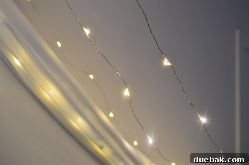 Close-up of fairy lights woven along the canopy's support structure, secured with white tape.