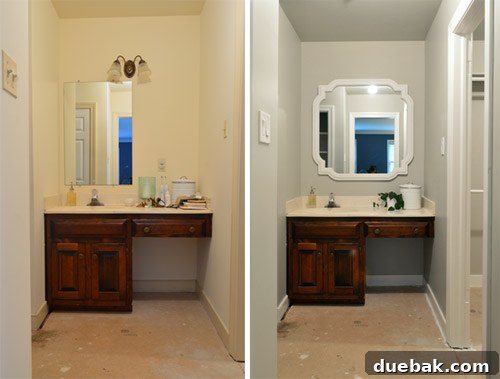 Revere Pewter: The Gray Paint Everyone Raves About 11 Before and after comparison of bathroom with Revere Pewter paint