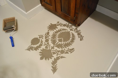 Design Your Dream Floor with Stencils 15 First stencil placed in the center of the vanity area, showing a single repeat of the Suzani Silk Road pattern