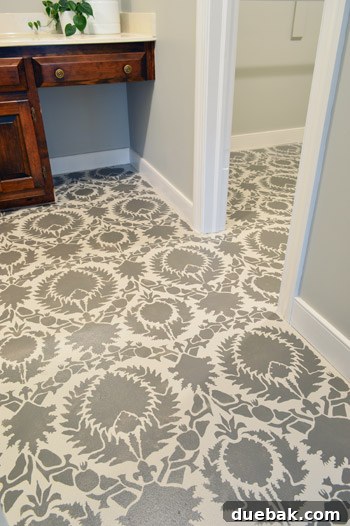 Design Your Dream Floor with Stencils 8 Wider shot of the stenciled floor in the vanity area, showing the temporary nature of the vanity