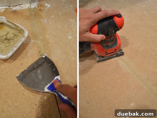 Design Your Dream Floor with Stencils 10 Close-up of subfloor seams being filled with wood filler