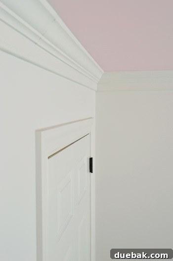 Finished chunky crown molding in a room with white walls and pink ceiling