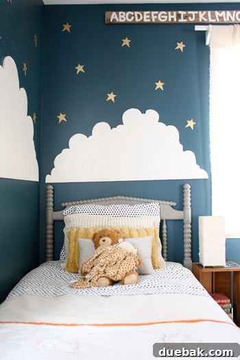 Celestial Blue Dreams: A Boy's Cloud-Kissed Sanctuary 3 Gabriel's bedroom after painting with peacock blue