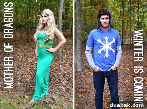 Family Halloween costumes with Clara as a jellyfish, Burger as a seal, and the parents in Game of Thrones outfits.