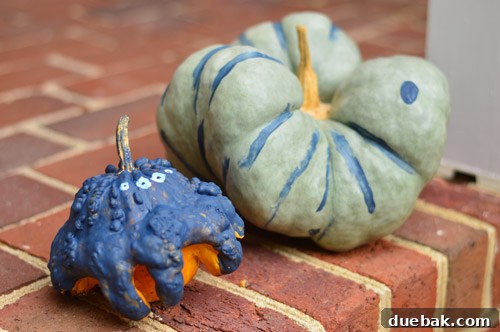 Two painted pumpkins, one resembling a spider and the other a caterpillar, after a fun painting session.