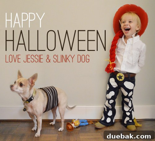 Clara dressed as Jesse from Toy Story, and Burger as Slinky Dog, a homemade Halloween costume.