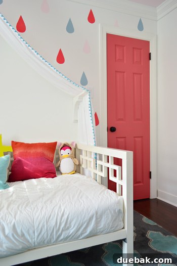 Side View Of Colorful Dark Pink Closet Door Painted With Cinco De Mayo Color - A close-up side view of the vibrant dark pink closet door, painted with Benjamin Moore's Cinco De Mayo.