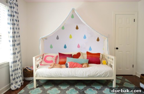 Photoshop mock up of Potential Mural Of Raindrops Under Fabric Canopy Over Bed - An early design concept showing raindrops painted beneath a fabric bed canopy.