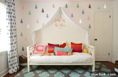 Photoshop mock up of Colorful Raindrop Mural Painted Around Fabric Canopy - A revised design concept showing colorful raindrop mural painted around and above a fabric bed canopy.