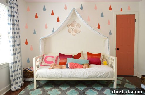 Final Photoshop mock up of Red Pink Blue Raindrop Mural With Dark Pink Closet Door - The approved design featuring red, pink, and blue raindrops and a dark pink closet door.
