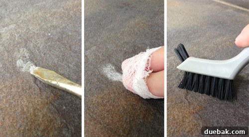 Various tools including a screwdriver, cheesecloth, and brush used for removing stubborn thinset spots