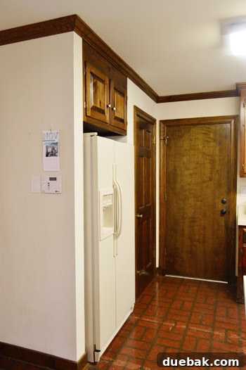 How to Remove and Rehang Kitchen Cabinets 15 Kitchen fridge area before and after relocating the upper cabinet, showing an empty space versus a flush cabinet