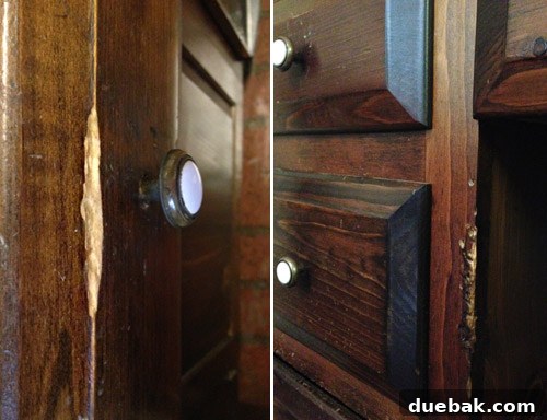How to Remove and Rehang Kitchen Cabinets 21 Close-up of old, scratched faux brick vinyl kitchen flooring