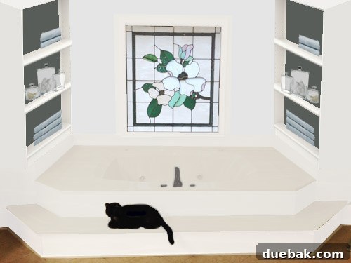 Meghan's master bathroom with dark green bookcase backs, light blue walls, and a reglazed tub in a soft putty tone.