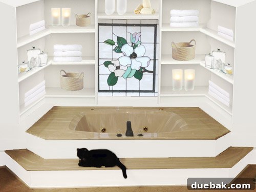 Meghan's master bathroom with full built-in shelving and cabinets in the tub nook, creating extensive storage.