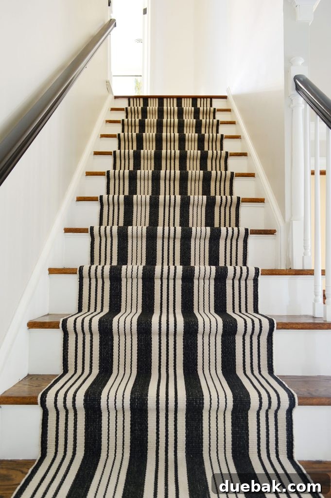 Black and White Striped Stair Runner After installation with hidden seam
