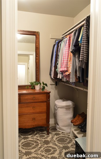 The master closet with cream trim and carpet, now with painted walls and stenciled subfloor, ready for custom organization.
