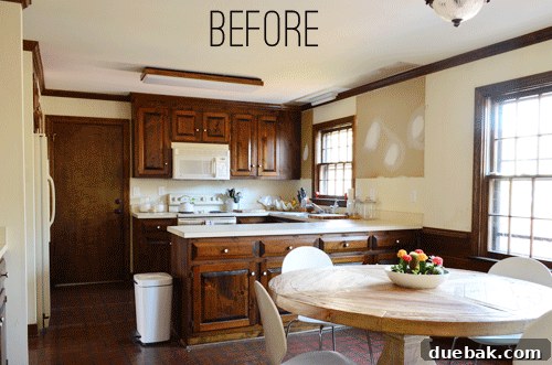 Animated GIF showing the transformation of the kitchen from dark wood to bright white