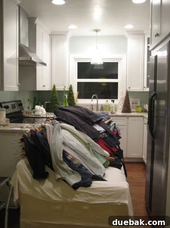 Our kitchen in a state of major renovation, with elements dismantled and tools visible, awaiting a complete transformation.