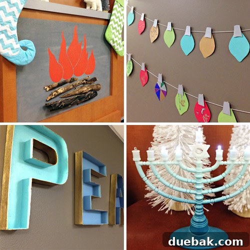 Get Crafting 4 DIY Holiday Decorations 2 Grid of 4 DIY Holiday projects for Children's Hospital | Faux Fireplace | Paper Bulb Garland | Cardboard Letters | Gradient Menorah