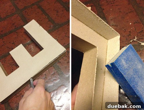 Get Crafting 4 DIY Holiday Decorations 15 Cutitng cardboard letter with craft knife and sanding edge smooth