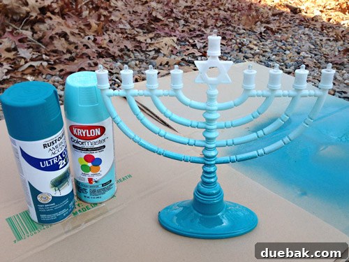 Get Crafting 4 DIY Holiday Decorations 20 Two cans of blue spray paint for DIY Menorah painting holiday project for gradient effect