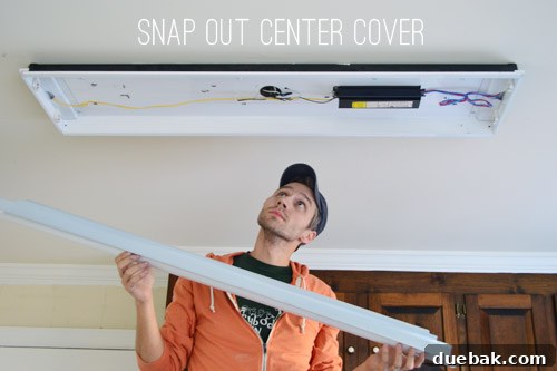 Upgrade Your Lighting: Swapping Fluorescent Fixtures for Pendants 4 John uninstalling metal cover in boxy fluorescent light