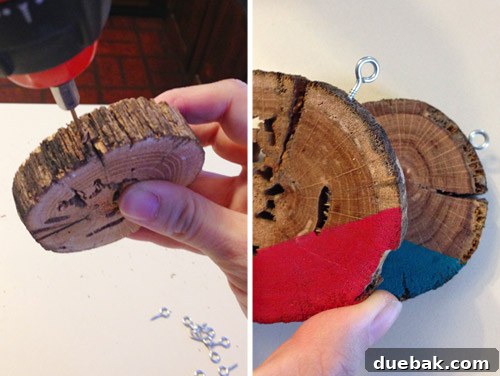 Rustic Wood Slice Christmas Creations 13 Drilling pilot holes into wood slices and attaching eye-hooks
