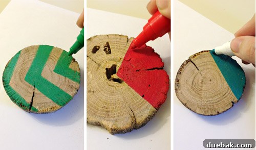 Rustic Wood Slice Christmas Creations 9 Three different painted wood slice ornament designs: arrow, fraction, and dipped