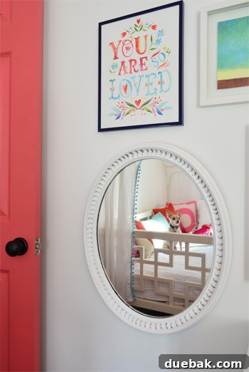 A cat, Burger, reflected in the newly hung mirror on a child's play wall, adding a touch of humor.