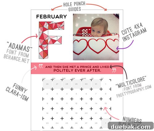A DIY calendar page highlighting the ample space for a 4x4 inch photo and handwritten notes.