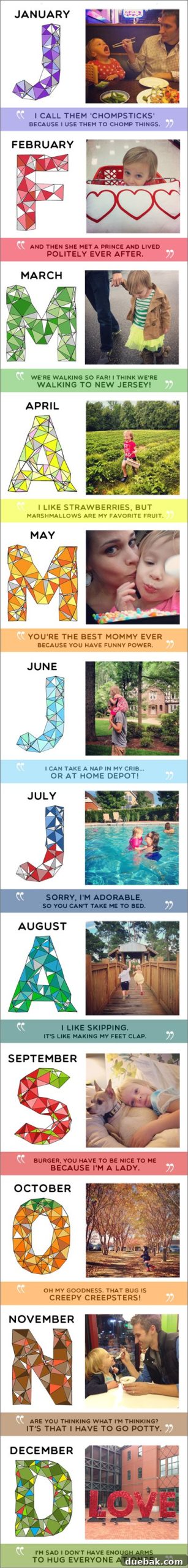 A collage of all 12 months from the family's 2014 homemade calendar, featuring Clara's quotes and family photos.