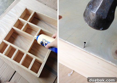 The assembled wooden cubby shelf with its plywood back panel attached, ready for finishing.