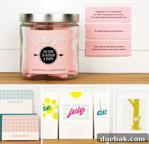 Free Quote Gems 2 A selection of personalized stationery items and home decor from Silhouette Blue, showcasing custom colors and inspiring designs.