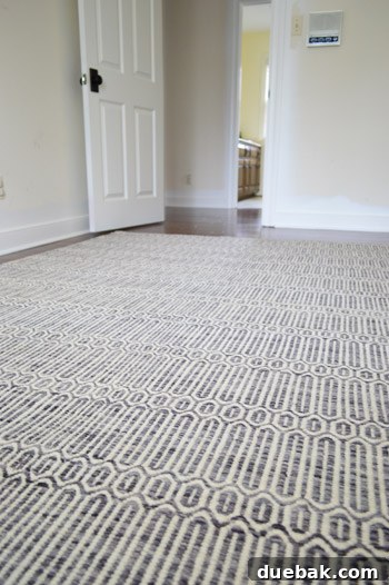 Close-up of the rug's fibers and subtle pattern, highlighting its quality and softness