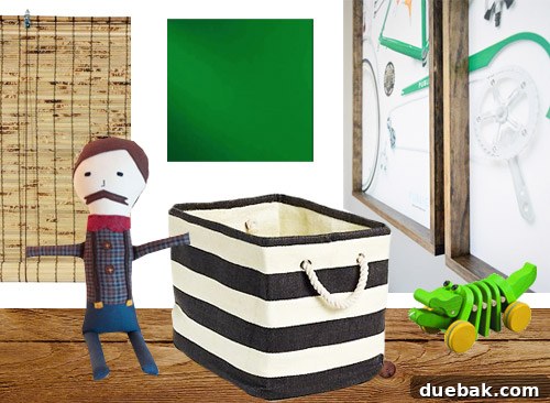 Mustache doll and green alligator toy on a white surface, representing playful nursery decor