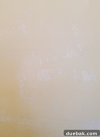 Our Bathroom's Wallpaper Detox 13 Primed wall section showing smooth finish after spackling and sanding, ready for paint.
