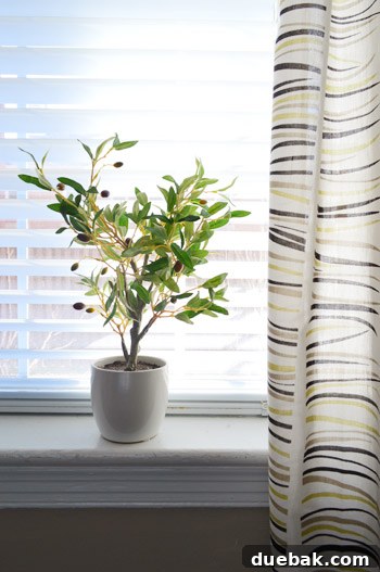 Faux topiaries on the windowsill next to the sheer curtains in Carrie's bedroom