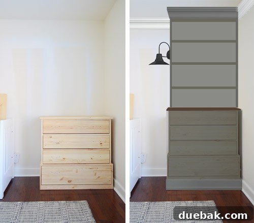 Rendered vision of custom nursery built-ins with drawers and bookshelves