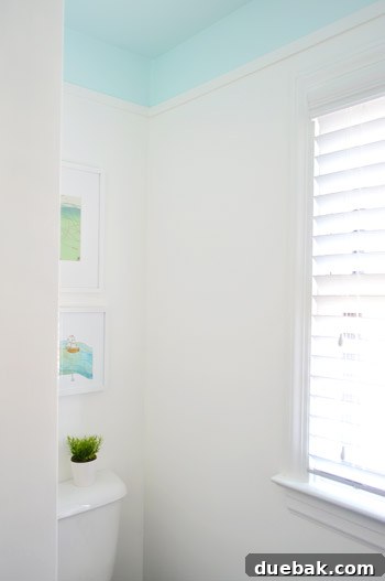 Bathroom Ceiling Transformation with Paint and Trimwork 11 Detailed shot of the blue ceiling and white trim in the renovated bathroom, highlighting the fresh new look.
