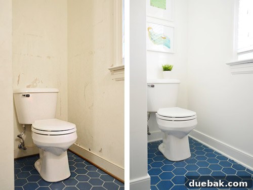 Bathroom Ceiling Transformation with Paint and Trimwork 12 Before and after comparison of the bathroom walls: post-wallpaper removal vs. fresh white paint.