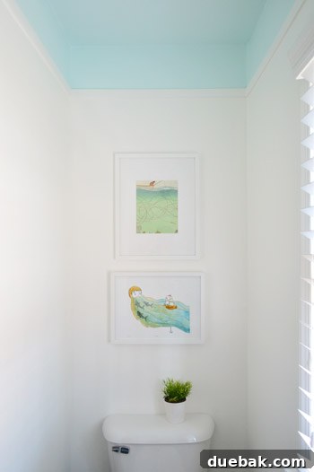 Bathroom Ceiling Transformation with Paint and Trimwork 13 Art prints hanging behind the toilet in the renovated bathroom, adding personal style.