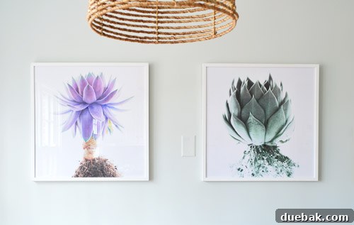 Artful Appetites 13 The kitchen wall with the new succulent art, showing its placement aligned with the dining table and chandelier.