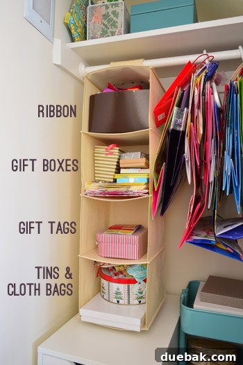 Hanging cubbies organized with gift wrapping supplies