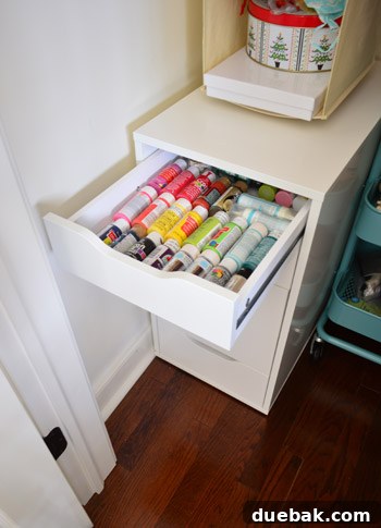 Top drawer organized with acrylic paints and sealants